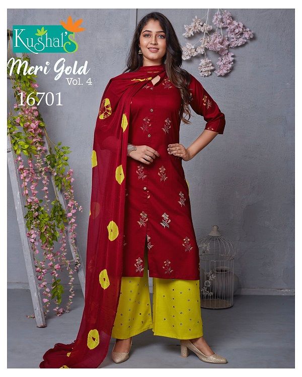 Kushal Meri Gold 4 Kurti With Plazzo And Dupatta Rayon Readymade Dress Collection